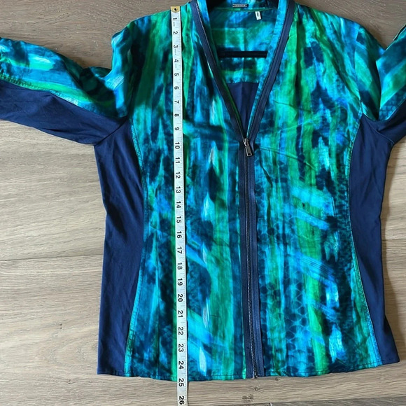 Elie Tahari Green Blue Abstract Print Zip Blouse Size Large - Picture 12 of 12